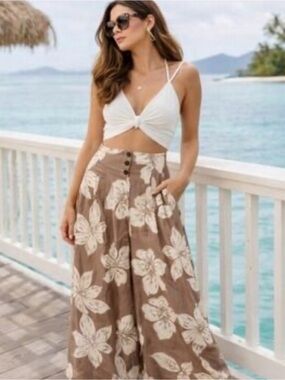 Sienna Sky Brown Wide Leg Floral Pants with Cream Flowers 20% linen